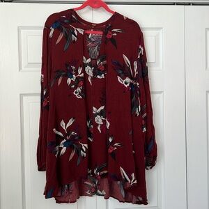 Free People Floral Print Burgundy Long Sleeve Tunic Top Size‎ S